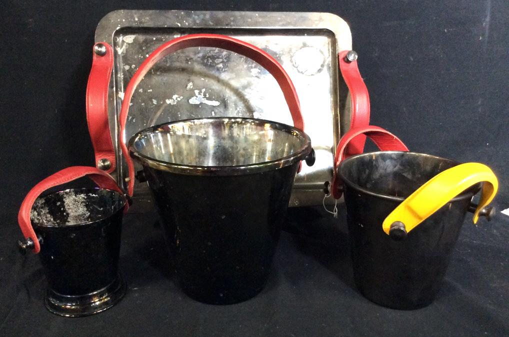 4 piece leather chrome bar set: 4 piece chrome bar set with interchange leather straps, red or yellow. Largest piece measures appr 13.5 inches H, and 17.5 inches wide. Bar set, chrome, leather, decor. barware, ice bucket, tableware 