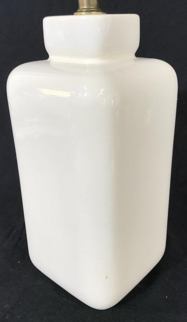 Vintage Modern White Ceramic Lamp: Vintage Modern White Ceramic Lamp with brass toned metal hardware, includes finial, measures approximately 23 inches tall x 6 inches square, lamp not tested. Ceramic Table Lamp, Vintage Lamp, Contempo