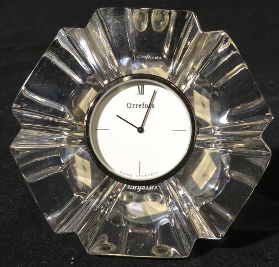 Vintage ORREFORS SWEDEN Desk Clock: Vintage Orrefors Desk Clock. Back reads WCC 1992 ORRESFORS SWEDEN. Measures approximately 4 inches tall. Battery operated. Not tested. Orrefors, Clock, Desk Clock, Desk accessory, office, office decor