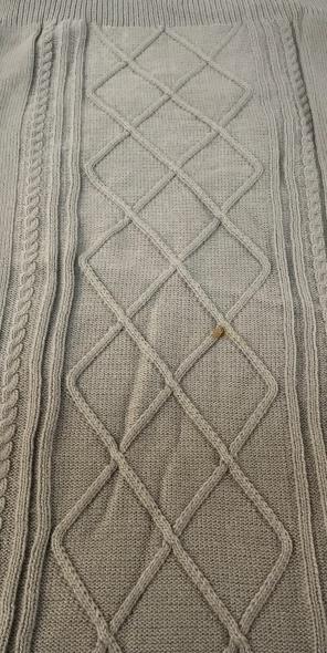 Jingles & Joy Grey Knit Scarf, Shawl: Label reads 100% Acrylic. Dry Clean Only. Cable Knit Style. Medium grey color, 66 x 15 in. approx. No rips, punctures,pilling. 1 mark. Clothing Accessory, Cold Weather Wearable, Wearable Accessory, Ca