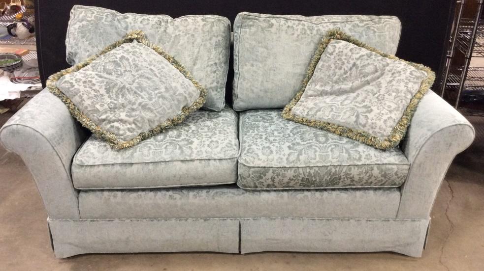 Vintage Upholstered Loveseat: Vintage Upholstered Loveseat Sofa In seafoam green cut velvet style fabric and matching throw pillows with fringed trim, marks and fading to fabric in areas, measures approximately 71 inches long x 36