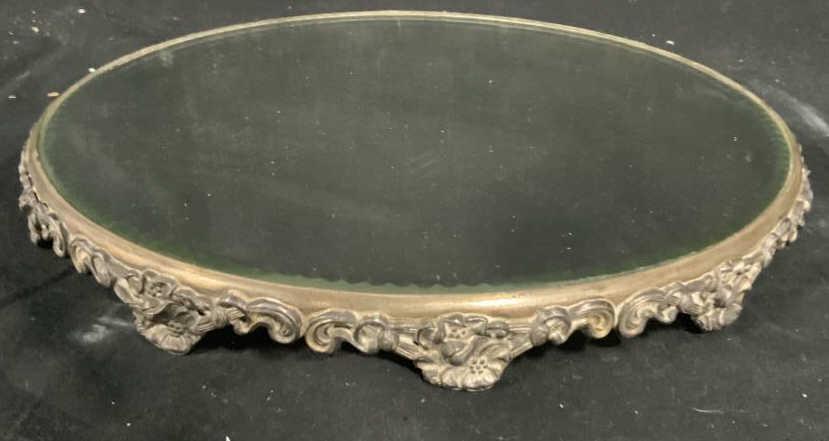 Vintage Metal Mirror Footed Vanity Tray: Perfume tray, vanity tray, display tray, bottle display tray, scrollwork sides, mirrored top w border, measures ht app 1.5 inches diameter app 15 inches