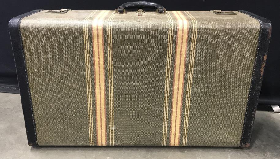 Vintage Never Break Suitcase With Leather Trim: Vintage Never Break Suitcase With Leather Trim And Brass Toned Hardware, measures approximately 29 inches long x 8.5 inches deep x 17 inches tall, marks to suitcase body and trim, wear due to age and