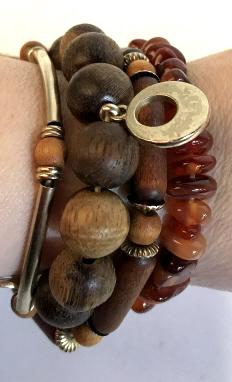 Lot 8 Beaded Necklaces & Bracelet: Lot consists of blue beads choker necklace, painted tubular wood bead necklace, app 20 in. with twist clasp, industrial grey and aqua beads, good to up cycle and re string into something new, natural 