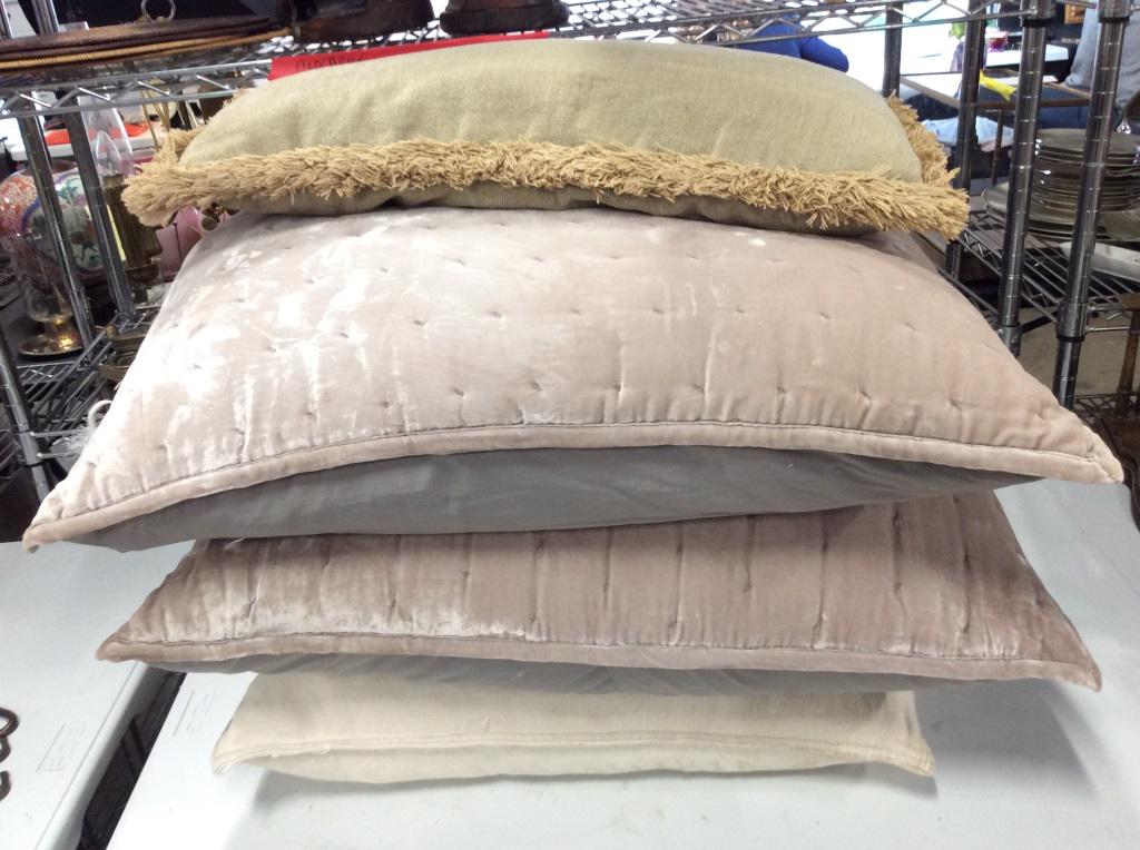 Lot 4 Throw Pillows: Lot includes 4 pillows. 2 appear to be crushed velvet, 1 is cream toned & 1 has slate olive tone. Largest pillow measures approx 25 inches square. home accent, toss pillows, throw pillows, 6
