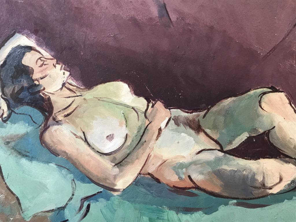 Oil Painting On Board, Reclining Nude Study: Oil painting on Board depcits study of reclining female nude. Board is unframed, Measures approx 18 inches in height by 23.5 inches in width. Verso has additional Painted study. Moderate surface wear 