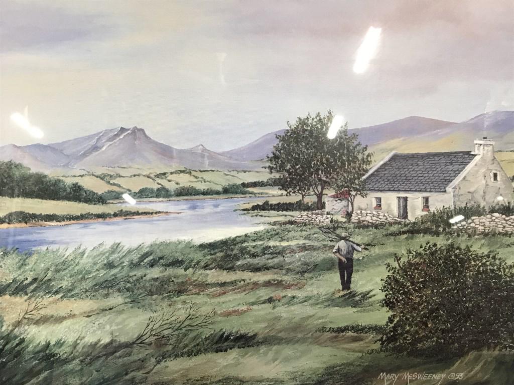 Signed and number Mary MCSWEENEY print, Landscape: Springtime Signed Mary MCSWEENEY print. Piece depicts an Irish man at work, titled Irish Springtime, numbered 155 of 1950. Signature included as part of print as well as in pencil in bottom right hand