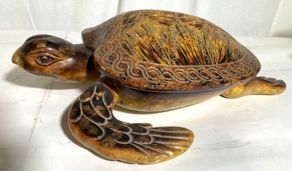 Large Wood Carved Turtle Form Box: Turtle form box with top shell brass hinged opens to interior scene of fish and underwater coral, label on underside reads Castilian Imports, decorative arts, turtle box, decorative tableware, keepsak