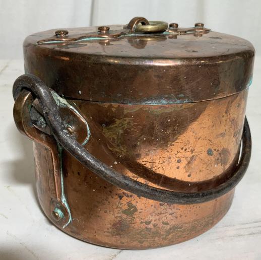 Antique Lidded Handled Copper Pot: Measures ht to handle app 5.5 inches, diameter to handles app 8.5 inches copper pot, cookware, kitchen accessories, shelf piece