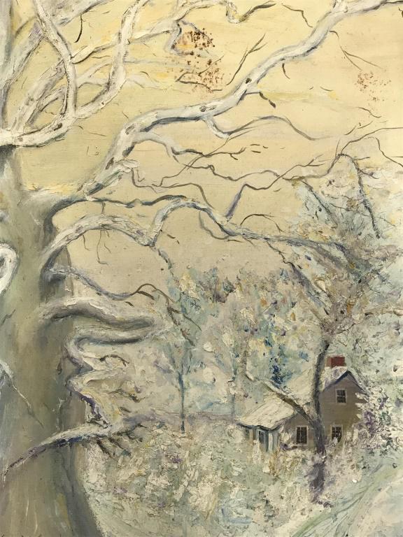 Signed Mid-Century Painting On Board, Winter Scene: Signed Caroline Wells and dated 1961 in lower left corner. Oil painting on Board depicts house in winter morning light. Board is set in wood frame. Measures approximately 24 inches in height by 20 inc