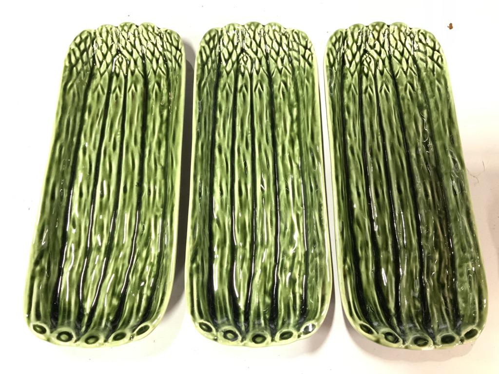 Set 8 NEUWIRTH Porcelain Asparagus Dishes: Underside of dishes reads NEUWIRTH. Each piece is green toned. Each measures approx 10 inches long 3 inches deep. dishes, colectible porcelain, serving dishes, tableware, 6