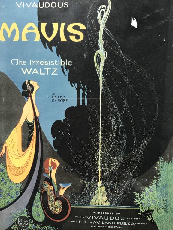 Sheet music art print in frame: Sheet music art for The Irresistible Waltz. The print is set in a coated frame beneath glass. The piece has not been inspected outside of frame. The piece measures approx. 16.8 inches H, and 14.25 inc