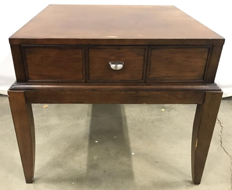 Vintage Mahogany Toned Wooden Coffee Table: Vintage Mahogany Toned Wooden Coffee Table With Dovetailed drawer, measures approximately 28 inches square x 24 inches tall, some surface wear and scratches. Coffee Table, End Table, Side Table, Drink