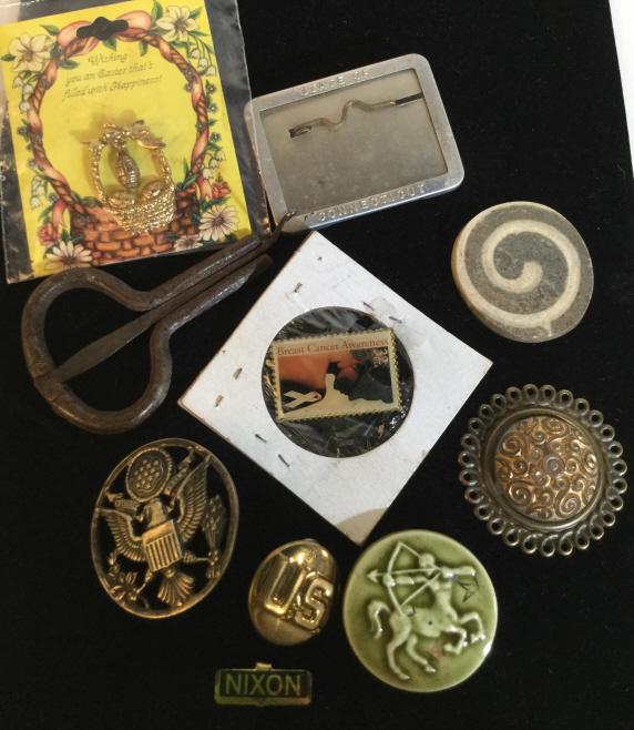 Lot Mix & Match Accessory & Vintage Jewelry: Lot includes vintage clip on earrings, pendants, Religious crosses, St. Antonio di Padova, Metal objects, Pins - American Eagle, Breast cancer mail Stamp collectible, Centaur pin, Gold Tone Nugget Cha