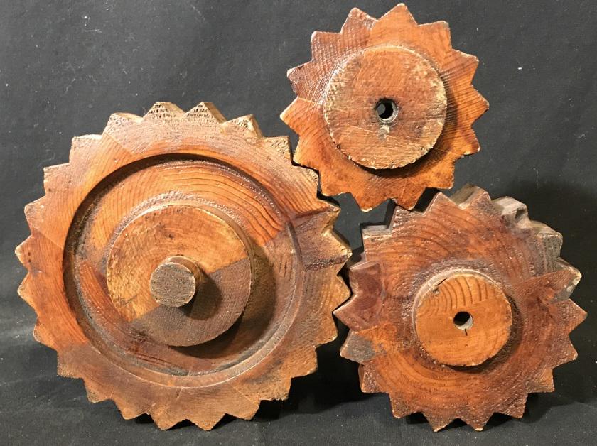 Decorative Wooden Cog Gear set: Set of decorative wooden cogs. The largest piece measures approx. 4.5 inches H and 7.5 inches in diameter. Gears, Cogs, home decor, wooden decor, wood art. rustic mechanical design, steam punk 9