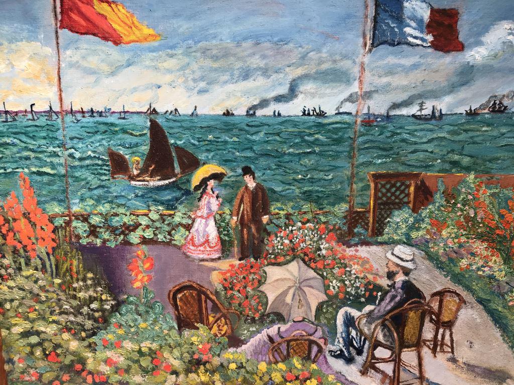 Vintage Acrylic on Canvas Board, after Monet: Vintage acrylic painting on canvas board after Monet’s 'The Terrace at Sainte-Adresse.’ Painting is set in wood frame. Measures approx 20 inches in height by 24 inches in width with frame. Some su