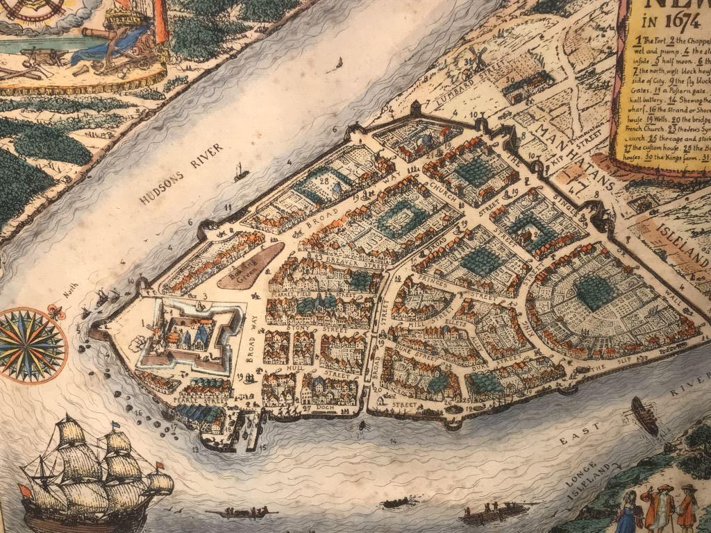 Map of New York in 1674 Hand-Colored Lithograph: Map of New York in 1674, attributed to C. VARDEL, Hand Colored Lithograph. Lithograph is matted and set under glass in gold tone wood frame. Measures approx 23.25 inches by 26.25 inches in width with 