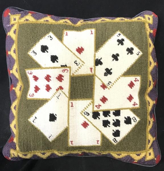 Needlepoint Pillows W Playing Card Detail: Pillow is Needlepoint. Piece has playing card detail. Contains Patterned detail around edges. Needlepoint pillow, pillow, playing card pillow toss pillow, throw pillow, decorative arts and accessories