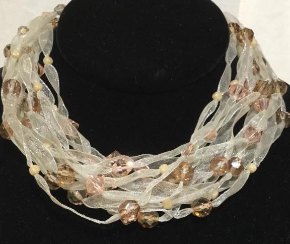 Ribbon & Bead Choker w/ Sterling Clasp: Multi strand Choker with Sterling Silver Jeweled Toggle Clasp. Metal labeled 925. Clasp has marquis Natural Quartz Stones. Length 15 in. AB Peach & Champagne Colored Beads. Ribbon & Bead Choker, Sterl
