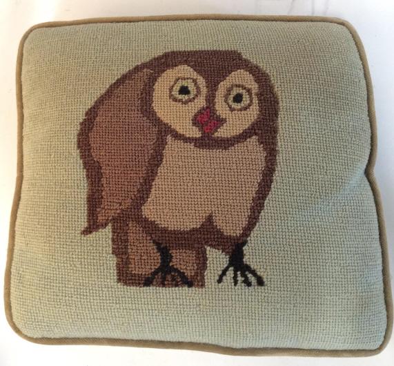 Vintage Owl Detailed Needlepoint Pillow: Pillow is Needlepoint. Piece has image of an owl. Piece has tones of milk chocolate, sand and beige. Piece measures approx 11 inches square. needlepoint, throw pillow toss pillow, home decor and acces