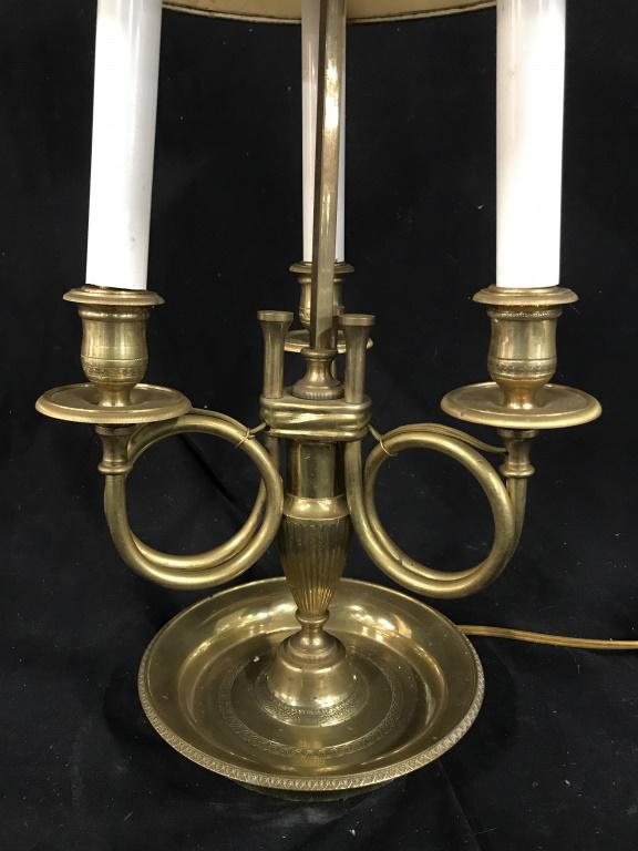 Louis XVI Style Bouillotte Table Lamp 19th C: Louis XVI Style Bouillotte Table Lamp Possibly 19th Century, The columnar standard fitted with three horn form lights, fitted with adjustable dark-green painted tole shade embellished with gilt, fadin