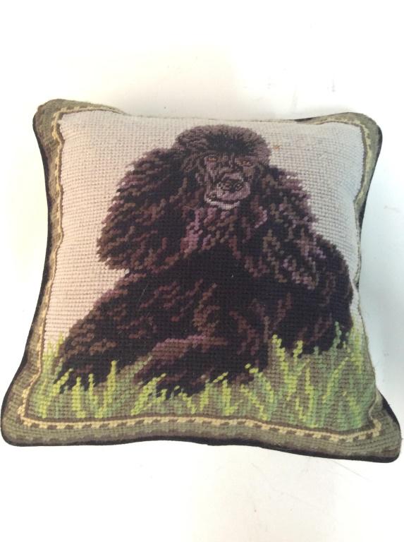 Vintage Needlepoint Pillow w Image Of Poodle: Pillow depicts a dark toned poodle. Piece is Needlepoint. Piece measures approx 10 inches square. May need cleaning. needlepoint, throw pillow toss pillow, home decor and accessories 6