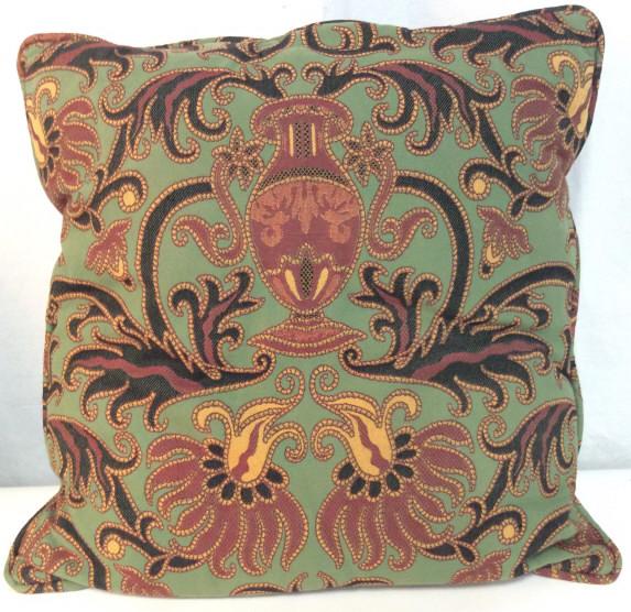 Pair Vintage Intricately Detailed Throw Pillows: Lot includes 2 Throw Pillows. Each are green toned with ornate multi toned vase, floral, and leaf detail. Piece measures approx 23 inches square. throw pillow toss pillow, home decor and accessories 6