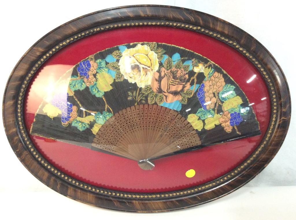 Vintage Antique Framed Handheld Fan: Fan appears to possibly be hand painted. Piece is vintage Possibly antique. Piece is professionally framed with brown and gold toned frame. Piece measures approx 22 inches long 16 inches tall. wall ar