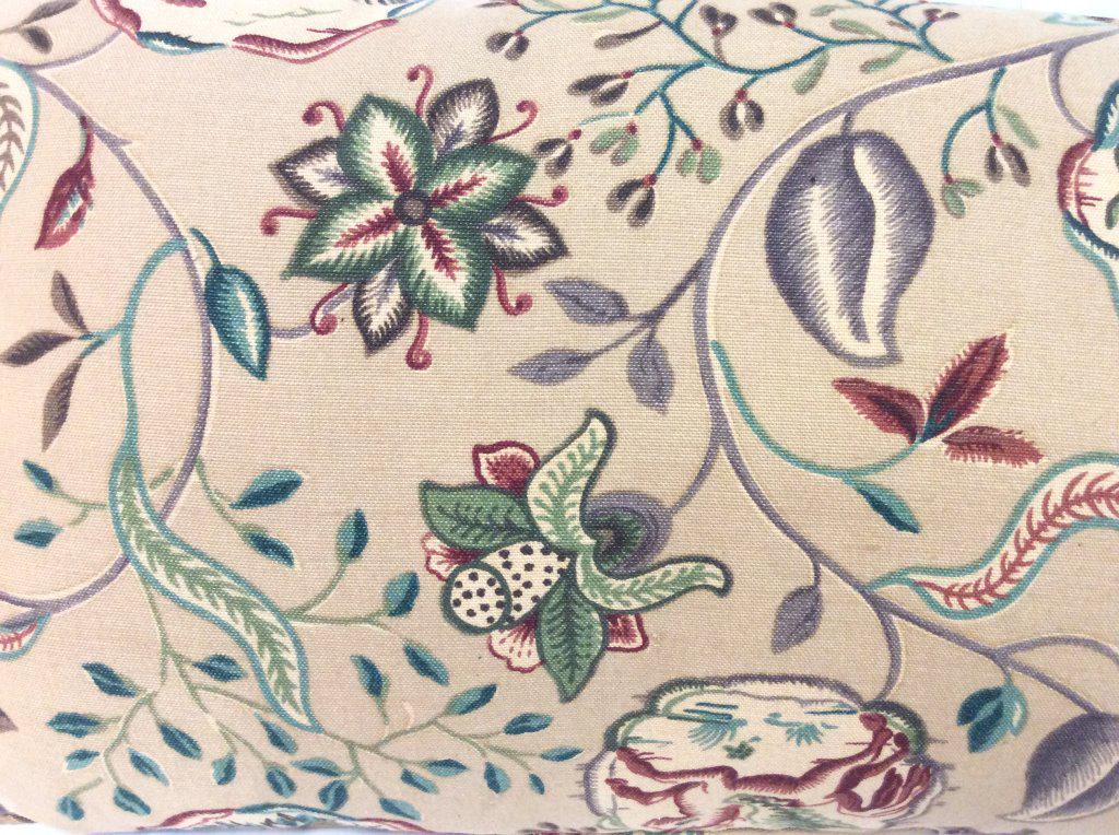 Floral & Leaf Detailed Throw Pillow: Pillow is beige toned with multi toned floral and leaf detail. Piece measures approx 23 inches long 14 chest wide. Has some wear, may need cleaning. throw pillow toss pillow, home decor and accessorie