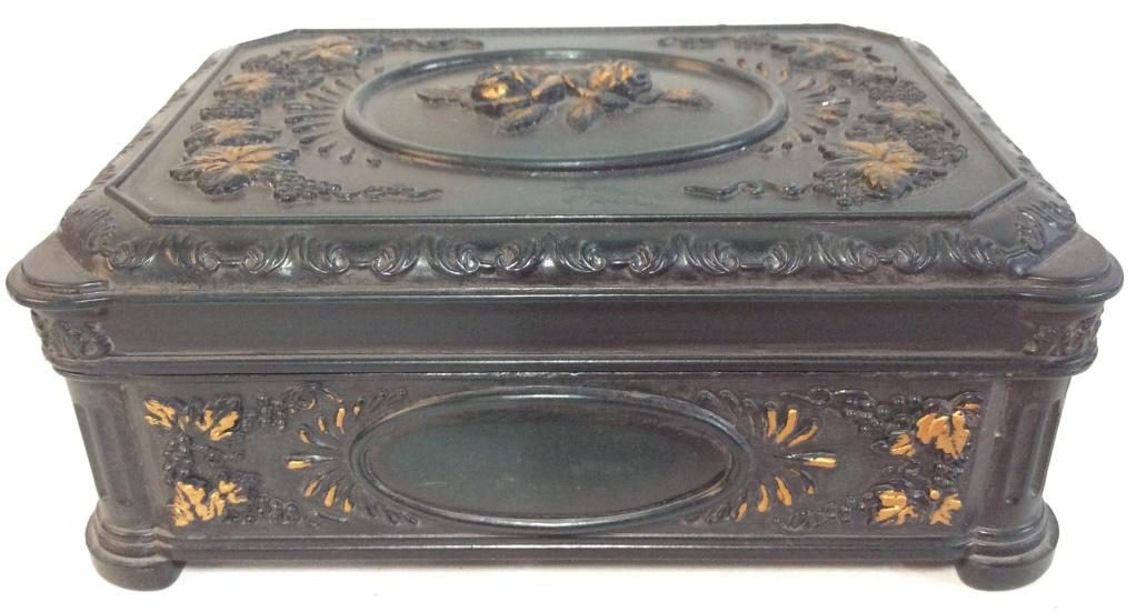 Floral Detailed Trinket Box: Trinket Box has a dark green and gold tone. Piece has beveled floral and leaf detail. Tr8nket Box, Jewelry Box, Keepsake Box. Piece measures approx 6.5 inches long 5.5 inches deep, 2.5 inches tall. 6