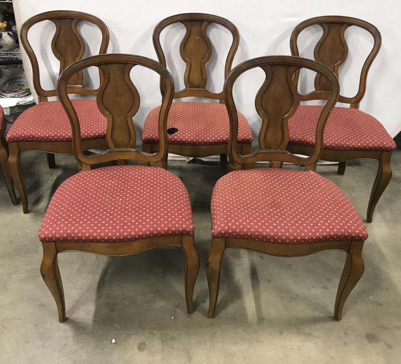Set 8 Vintage Wooden Dining Chairs: Set 8 Vintage Wooden Dining Chairs With Upholstered Seats, two armchairs, six side chairs, armchair measures approximately 35 inches tall x 23.25 inches wide x 23 inches deep, damage to one seat cushi