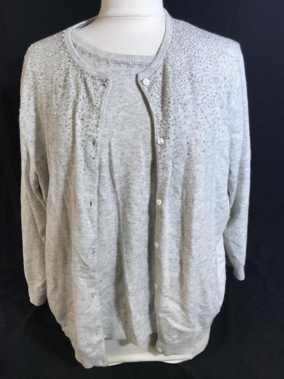 Designs by Mark Eisen Sweater Set: Beaded crew pullover and matching Button down long sleeves. Size 20W. Hand wash. 35% rayon, 29% lambs wool, 20% nylon, 8 % cashmere, 8 % rabbit. Wearables, Casual Wear, Sweater Set, Work Wardrobe, Col