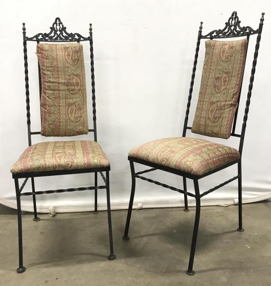 Pair Antique Style Wrought Iron Chairs: Pair Possibly Antique Wrought Iron Chairs with C scroll/twisted metal design and upholstered cushions in vintage paisley patterned material, measures approximately 43.25 inches tall x 16 inches wide x