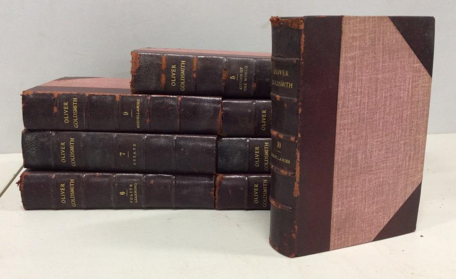 Group Lot Antique OLIVER GOLDSMITH Books: Collection of antique books by Oliver Goldsmith. The books are bound in what appears to be leather and fabric. There is a degree of wear on the bindings. Some volumes are missing. The pieces measure a