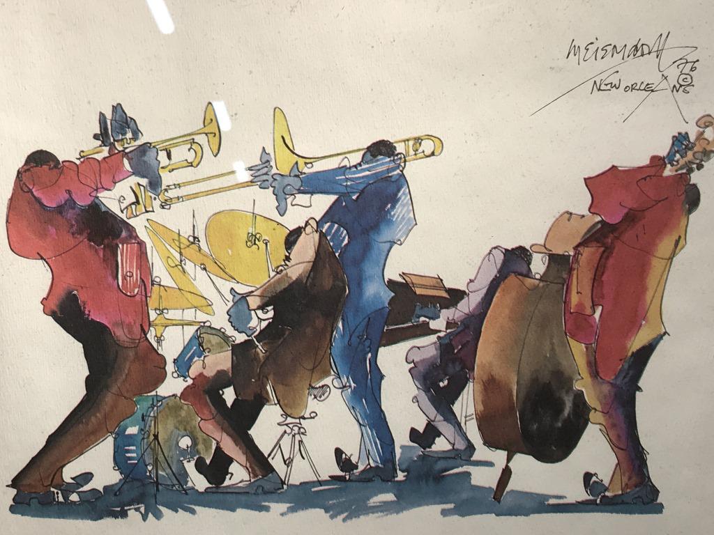 Framed Leo Meiersdorf Print of Jazz Musicians: Framed print of a Leo Meiersdorf artwork of jazz musicians. Print is matted and set behind glass in silver tone metal frame. Measures approx 12.4 inches in height by 16.3 inches in width with frame. F