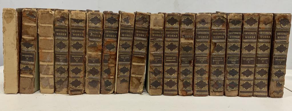 Group Lot Antique WASHINGTON IRVING books: Collection of Washington Irving’s works. Some deterioration is present on the binding, some volumes are absent. Some covers missing. Each piece measure approx 8 inches H, 5.4 inches wide, and 1.4 in