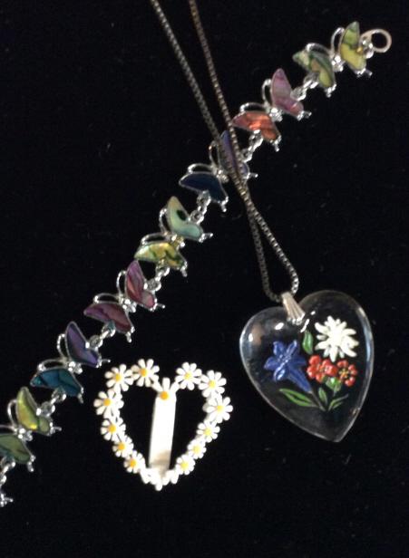 Butterflies & Heart Motif Jewelry, Lot 3: Colorful ABALONE Butterfly Bracelet in silver tone metal. Box clasp, app 7.5 in. long. Lucite Style Heart Pendant with decorative carved florals. Pendant measures 1 1/8 by 1 in. Includes silver tone b