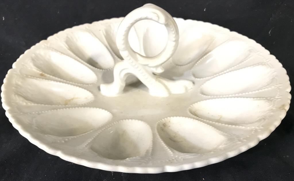 BAVARIA Cream Toned Deviled Egg Platter: Underside is marked BAVARIA Made in Western Germany. Piece has loop shaped handle in center. Piece measures approx 12 inches wide 4 inches tall. collectible porcelain, tableware, tabletop accessories 