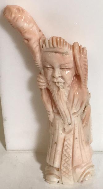 Pink Coral Asian Style Statuette: Pink coral sculpture, possibly vintage. The piece measures approx 3.6 inches H, and 1 inch W. Asian style art, Asian sculpture, Asian decor. 9