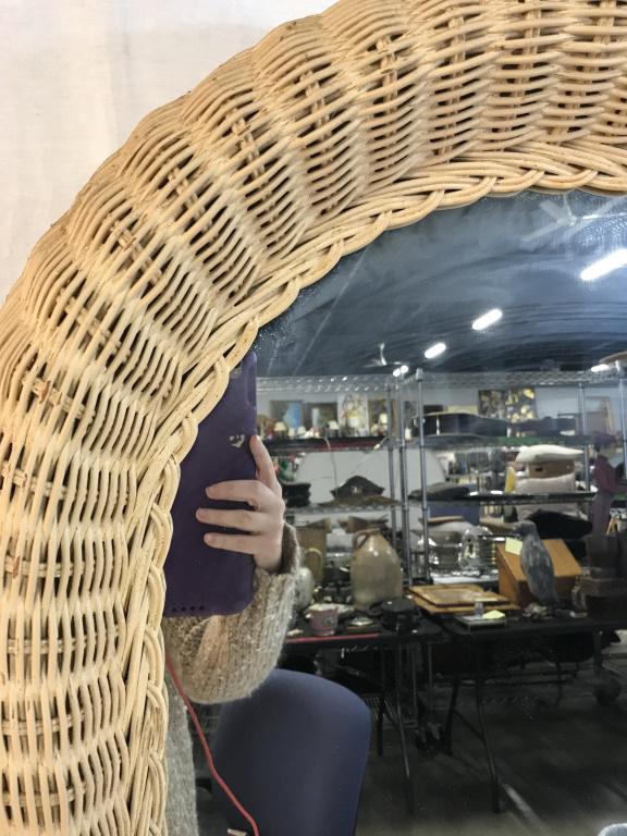 Woven Basket Arch Mirror: Natural Color Wicker. Arch shape. Oversized for over the dresser or foyer, hallway. Two hooks in back for hanging, need wire. 36 in. long, 25 in. Wide, 2.5 in. deep. No surface issues. Mirror, Wall Mi