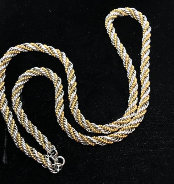 Two Tone Twisted Chain Necklace: Ball Bead & Snake Link Chains twisted together for an unique style. 29.5 in. Total length. Large Spring Ring Clasp. Silver & Gold Tone. Twisted Chain Necklace, Fashion Necklace, Spring Ring Clasp, Wea