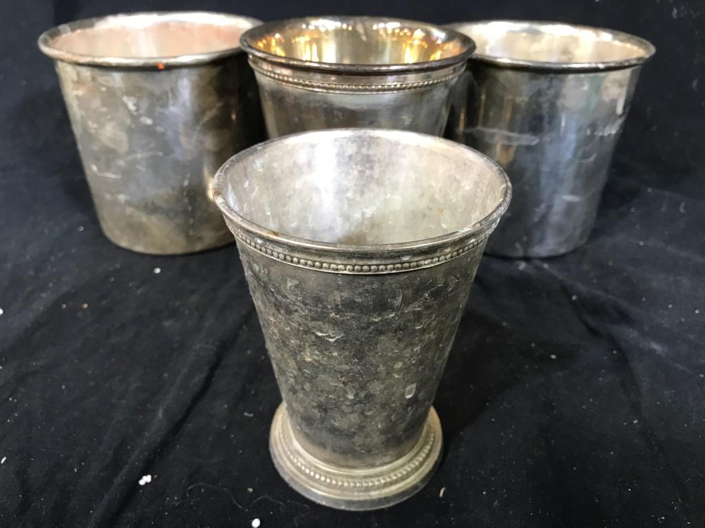 Lot 4 Silver Toned Metal Vessels: Vessels are silver toned and metal. Pieces are possibly silver plated. Largest Pieces measures approx 4.5 inches tall 5 inches wide. vessels, drinking vessels, tableware 6