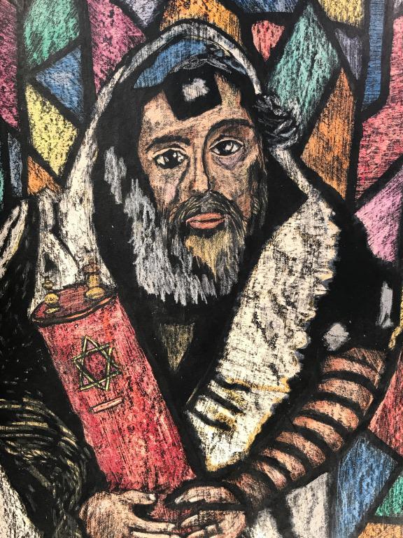 Vintage Hand-Colored Print on Board, The Rabbi: Vintage colorful print on board, possibly with hand-colored details. Signature for Sally Marsh appears in lower right corner, along with date July 1966. Signature is possibly in print. Board is set in
