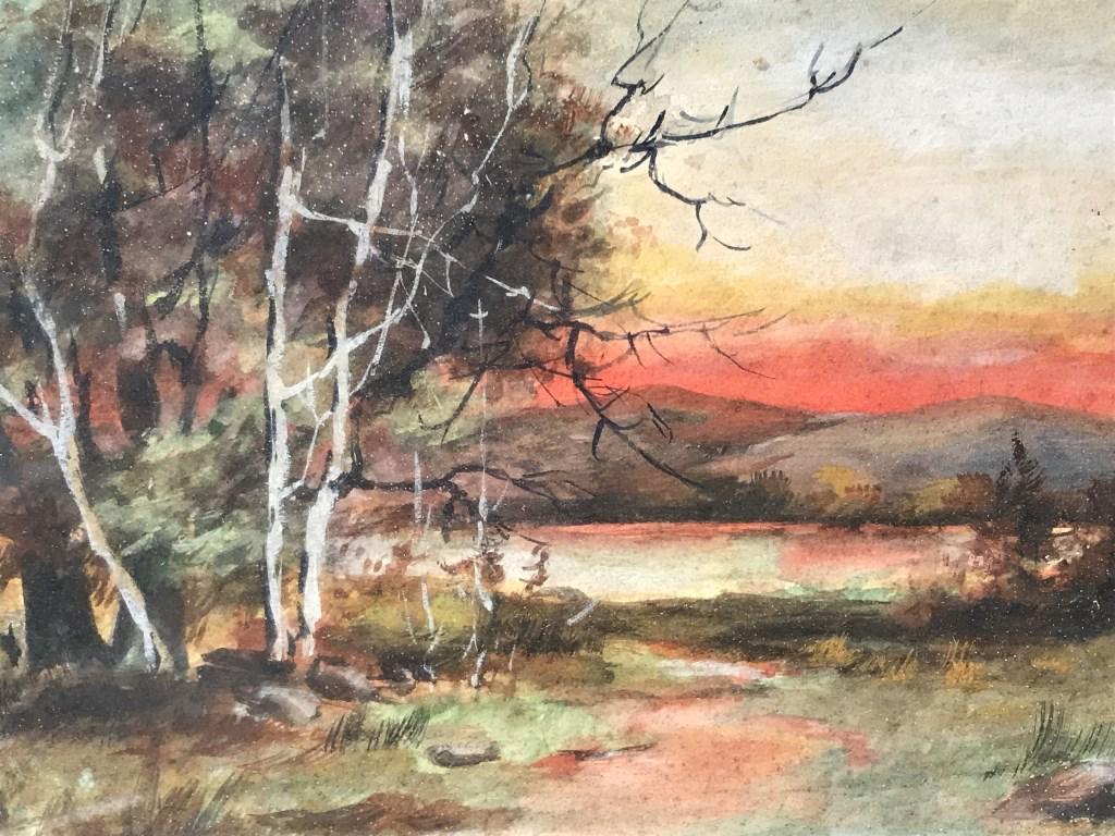 Gouache Painting in Frame, Sunset Landscape: Gouache painting depicting sunset in landscape. Painting is matted and set behind glass in wood frame. Measures approx 14.5 inches in height by 27.75 inches in width with frame. There is discoloration