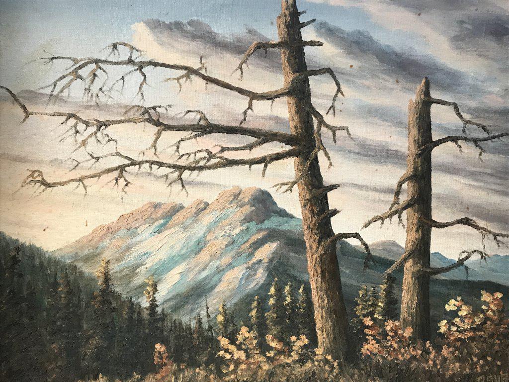 Signed Oil on Board, Mountain Landscape: Signed oil painting on board depicting dead trees in mountain landscape. Signed ‘Reuben’ in lower right corner. Board is set in wood style frame with mottled metallic finish. Measures approx 22.75
