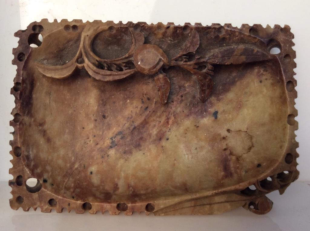 Floral Carved Soapstone Incense Trinket dish: Sand and brown tone carved soapstone with leaf details. Measures approx 0.8 inches in height by 5 inches in width by 3.5 inches in depth. Vintage carved soapstone incense burner, could be used as trin