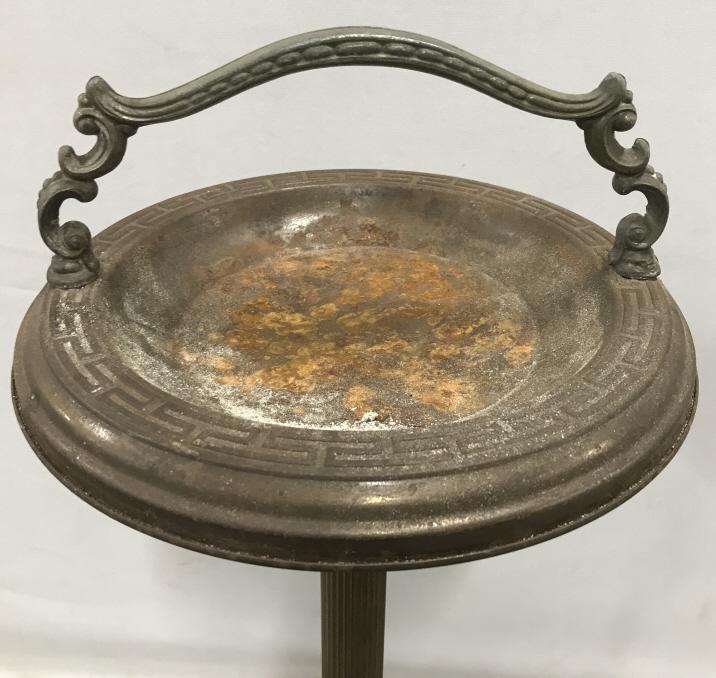 Vintage Metal And Stone Standing Ashtray: Vintage Metal And Stone Standing Ashtray With scroll metal handle, measures approximately 28 inches tall x 10.5 inches in diameter, rust and pitting to metal. Vintage Ashtray, Standing Ashtray, Accent