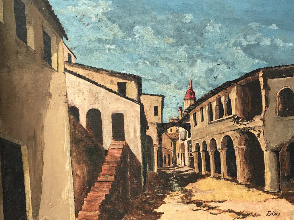 Signed Oil and Ink on Board, Old City Scene: Signed ‘Eckard’ in lower right corner, oil and ink painting on board depicts old city scene, reminiscent of a Maurice Utrillo cityscape. Board is set in wood frame, measures approx 19.75 inches in