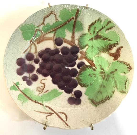 S CLEMENT Decoratve French Porcelain Plate: Plate is marked S CLEMENT. MADE IN FRANCE on underside. Piece contains painted grape and leaf detail. Piece measures approx 8.5 inches wide. serving plate, decorative tableware, decorative accessories