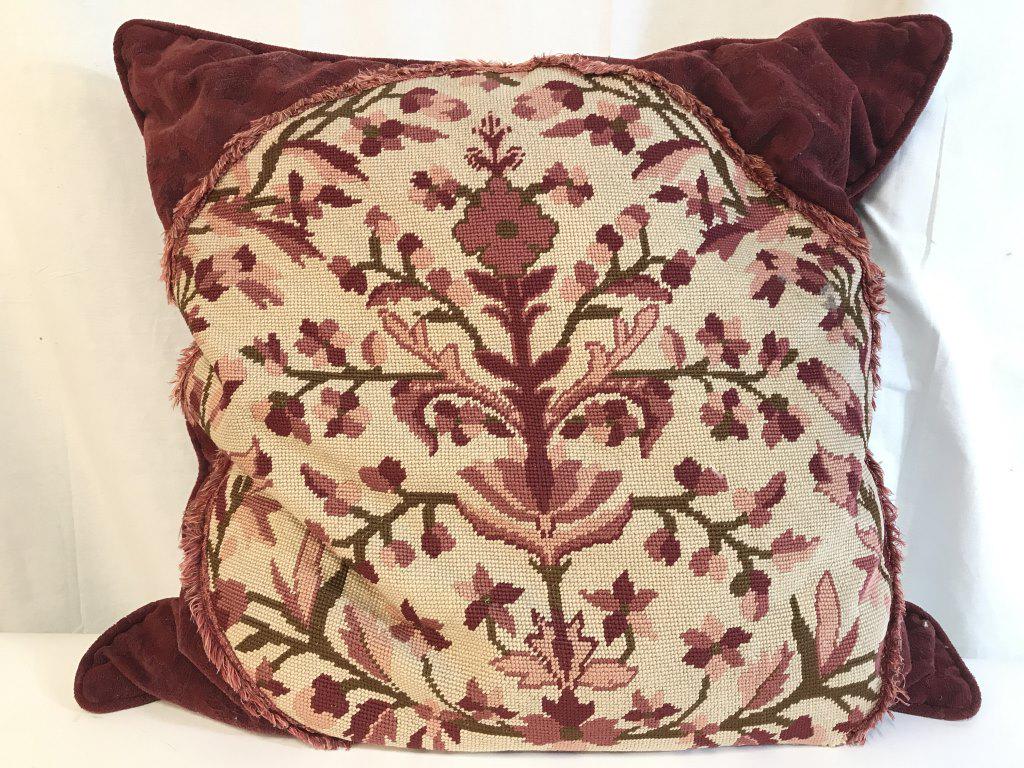 Floral Detailed Needlepoint Throw Pillow: Throw pillow has Needlepoint area with multi toned floral, leaf, & vine detail. Pillow measures approximately 23 inches square. Comtains some wear, needs cleaning. toss pillow, throw pillow, decorativ